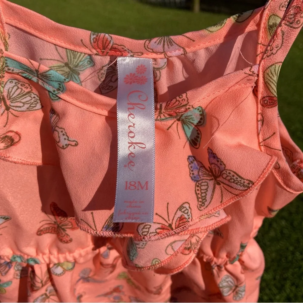 Neon orange/mango with butterfly print tank dress Cherokee size 18 months GUC